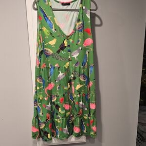 Green Bird Print Midi Dress
